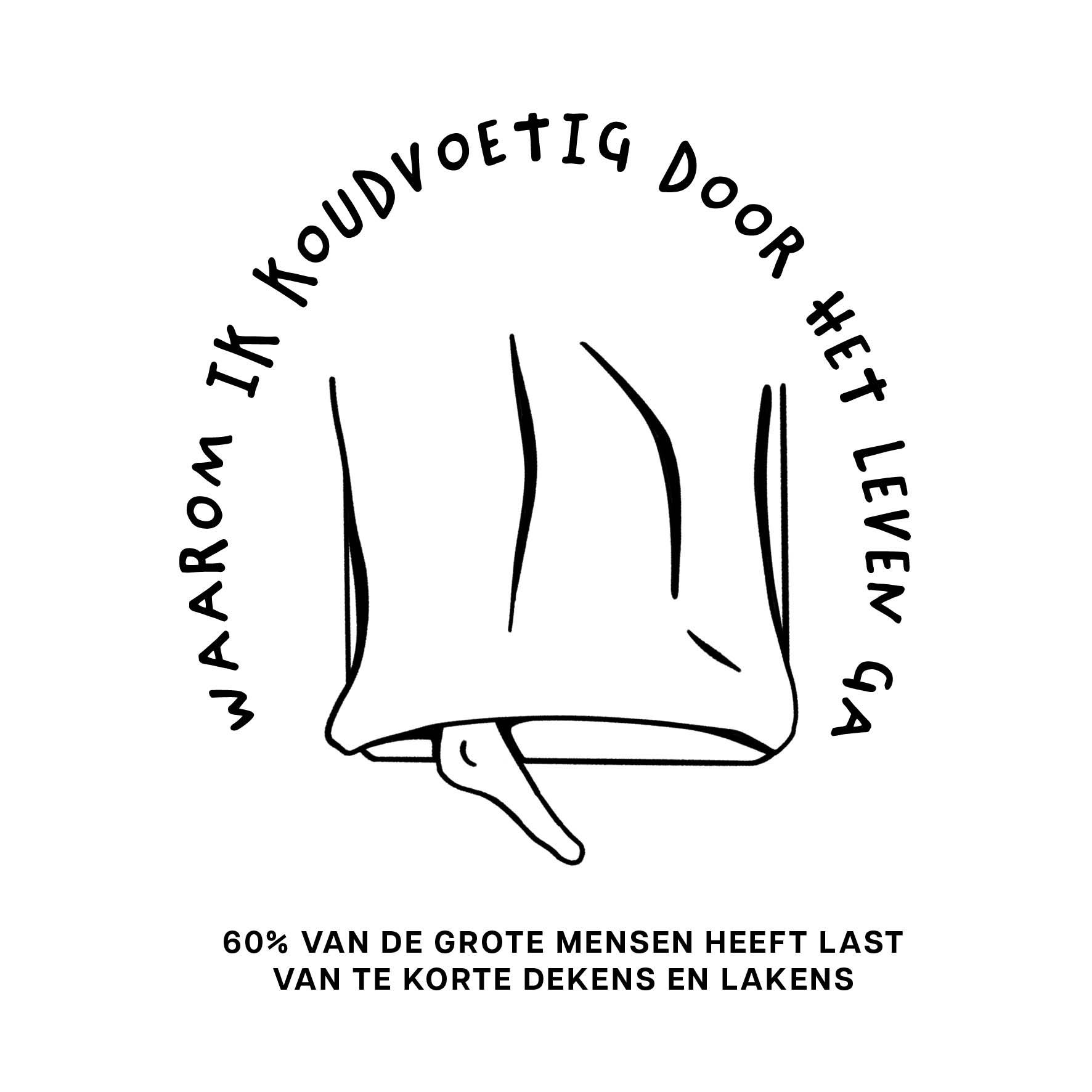 Illustratie van het bed, opschrift: 'waarom ik koudvoetig door het leven ga'.