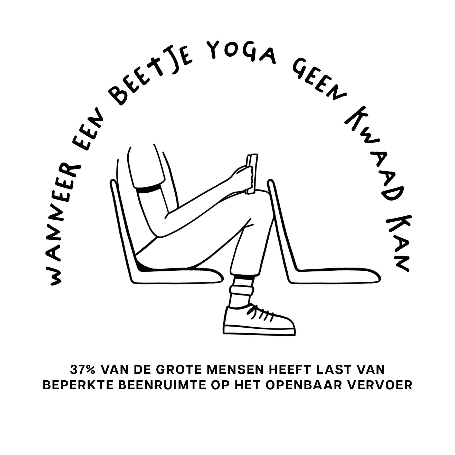 Illustratie van het openbaar vervoer, opschrift: 'wanneer een beetje yoga geen kwaad kan'.