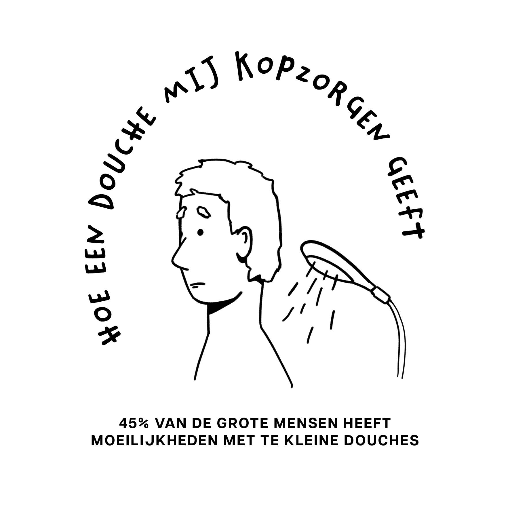 Illustratie van de douche, opschrift: 'hoe een douche mij kopzorgen geeft'.